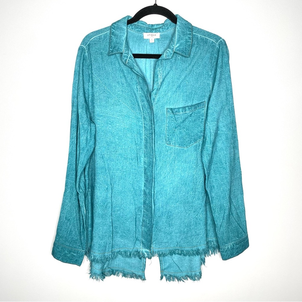 Umgee Button Down Linen Boyfriend Shirt Frayed Hem Mineral Wash Teal Blue Size M